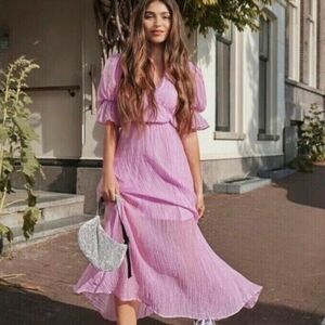 H&M crinkle gauze lilac orchid purple puff sleeve maxi dress
